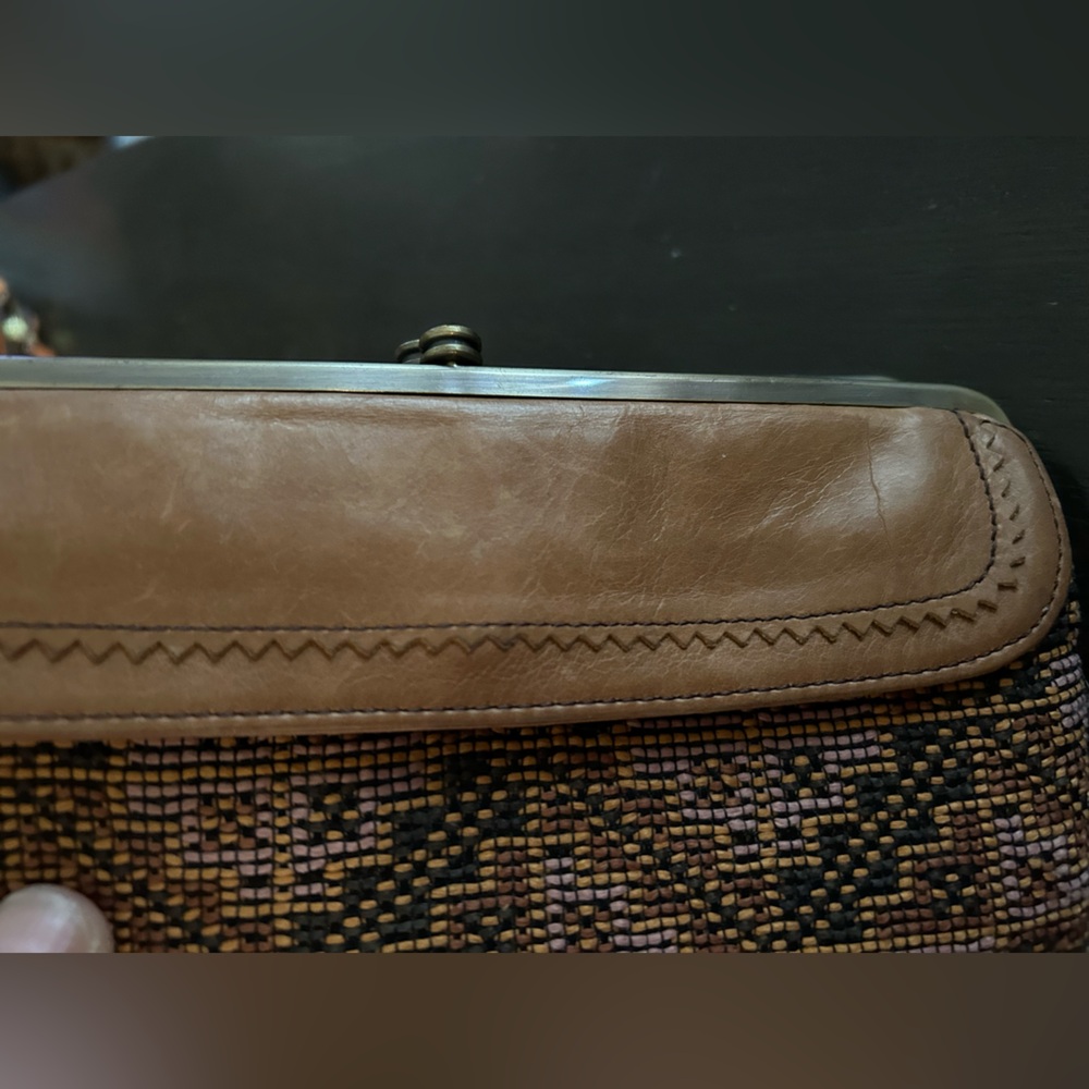 HOBO Tan Leather and Patterned Fabric Hobo Bag